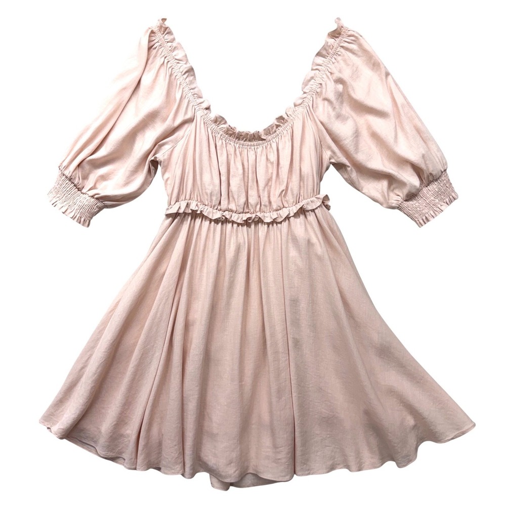 Pink Linen Blend Puff Sleeve Mini Dress OpenBack L Cottagecore Coquette Babydoll - Picture 2 of 13
